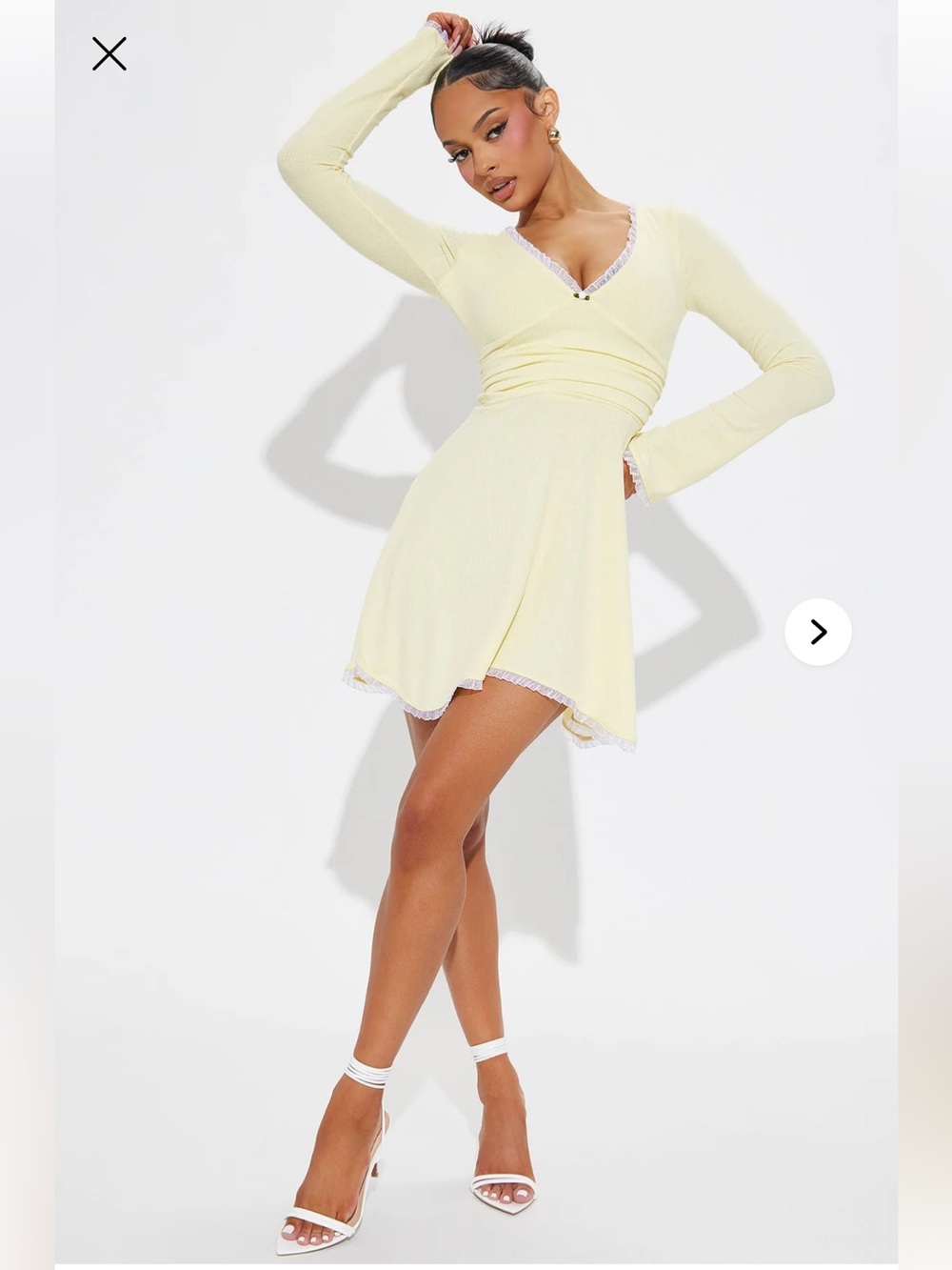Fashion Nova Pale Yellow Long-Sleeve V-Neck Skater Dress